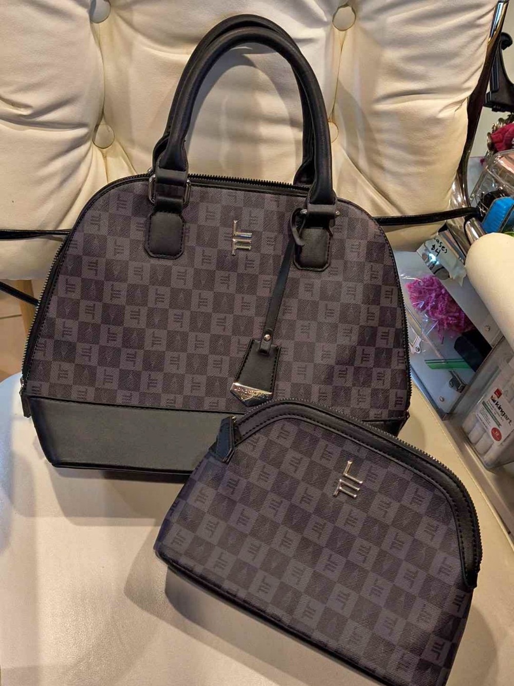 London fog Black and Gray Check Dome Satchel with Matching Pouch